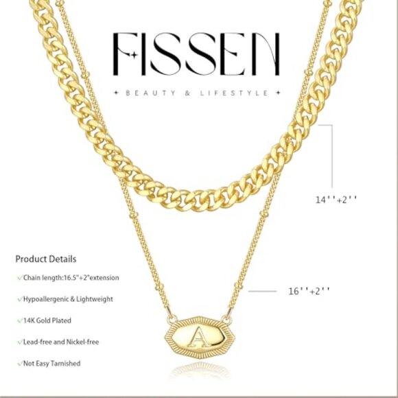 14K Gold Plated Layered Initial Necklace Set Chunky Cuban Chain Stackable - Picture 6 of 7